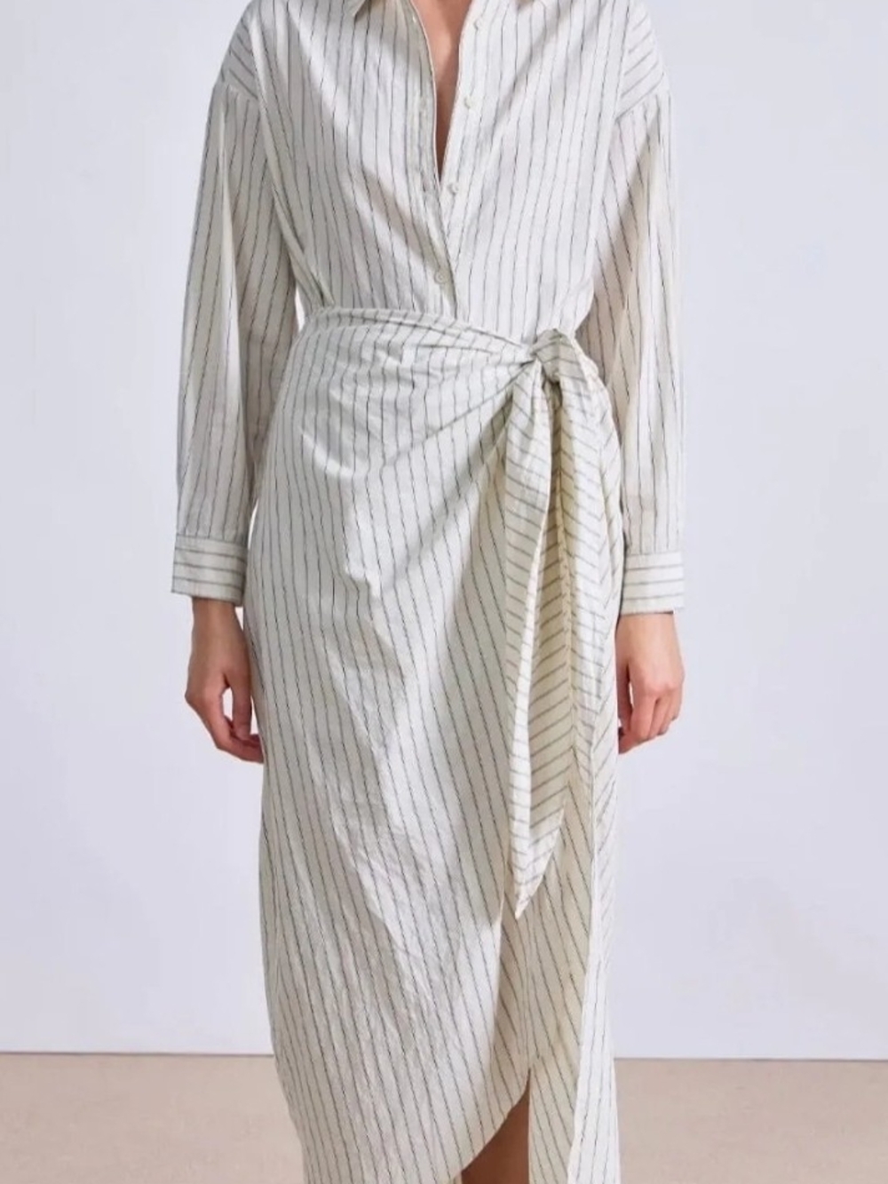 Apiece Apart Cream and Black Striped Wrap Shirt Dress